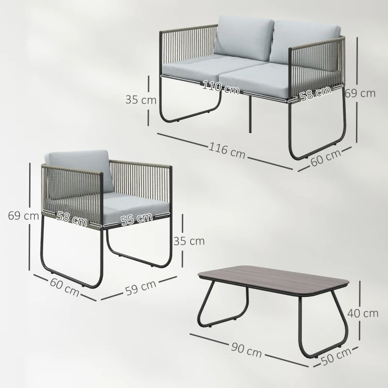 Komplet wypoczynkowy z Polyrattanu Outsunny: sofa + fotele + stolik z poduszkami, odporny na warunki atmosferyczne, 116 x 60 x 69 cm, Brązowy+Ciemnoszary