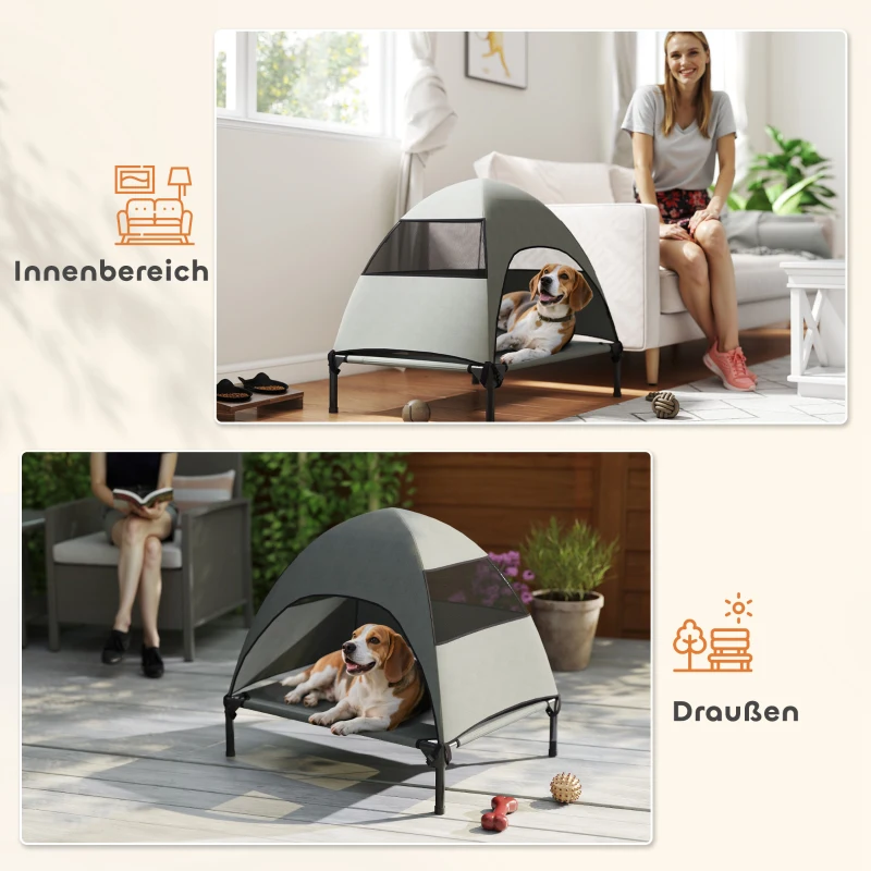 PawHut Leżanka dla Psa na Zewnątrz z Daszkiem, Podwyższone Łóżko dla Psów Średniej Wielkości, 76 x 61 x 71cm, Jasnoszary