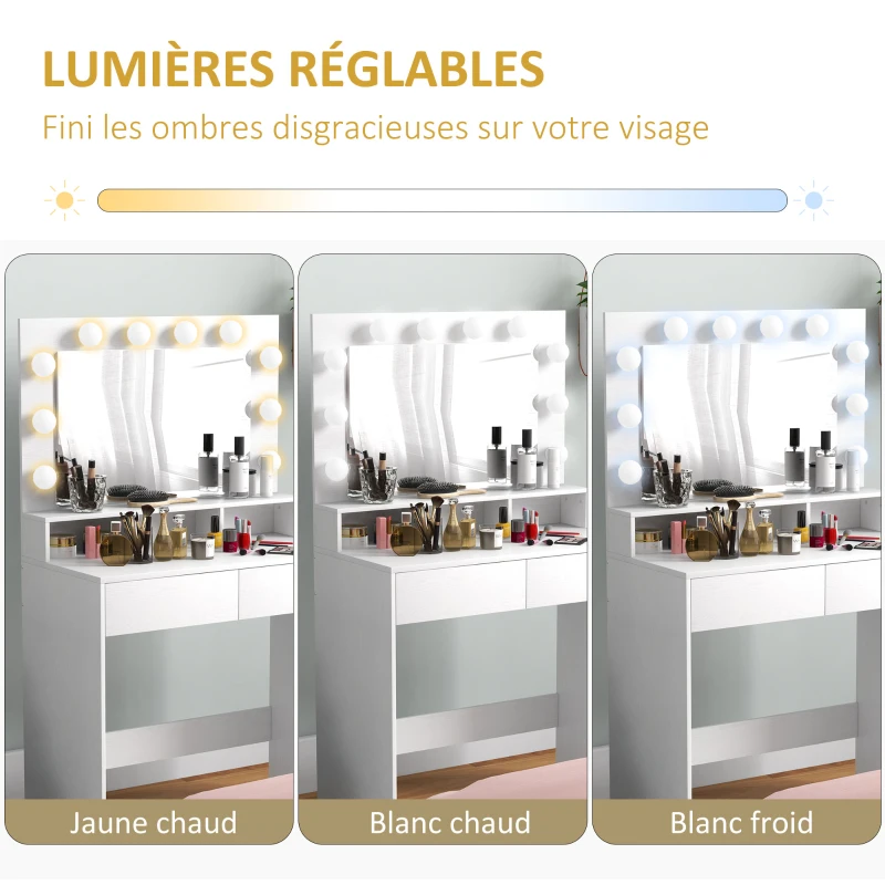 HOMCOM Coiffeuse avec miroir Hollywood, tiroirs, 3 modes d'éclairage, 10 ampoules, 80 x 40 x 135 cm, blanc