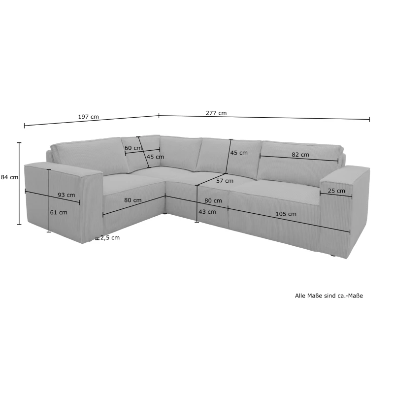 Ecksofa 101 017, Sofa, L-Form, Sofa, Couch, Polsterecke, Eckcouch, 277 x 197 x 84 cm (BxTxH), Schlamm