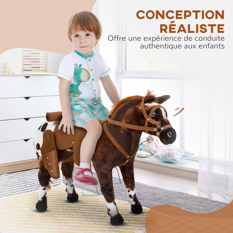 HOMCOM Cheval Debout en Peluche Effets sonores hennissement et Galop Selle étrier rênes 85L x 28l x 60H Marron Blanc(m-4)