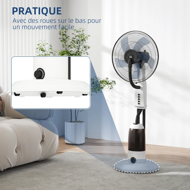HOMCOM Ventilateur brumisateur 90 W 120 cm avec oscillation à 70°, 3 vitesses, réservoir d'eau de 2,8L et roulettes, blanc
