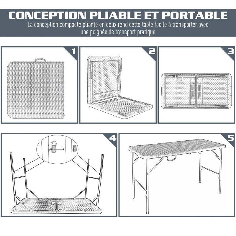 Outsunny Table pliante table de camping pliable table de jardin dim. 120L x 60l x 74H cm métal époxy HDPE noir