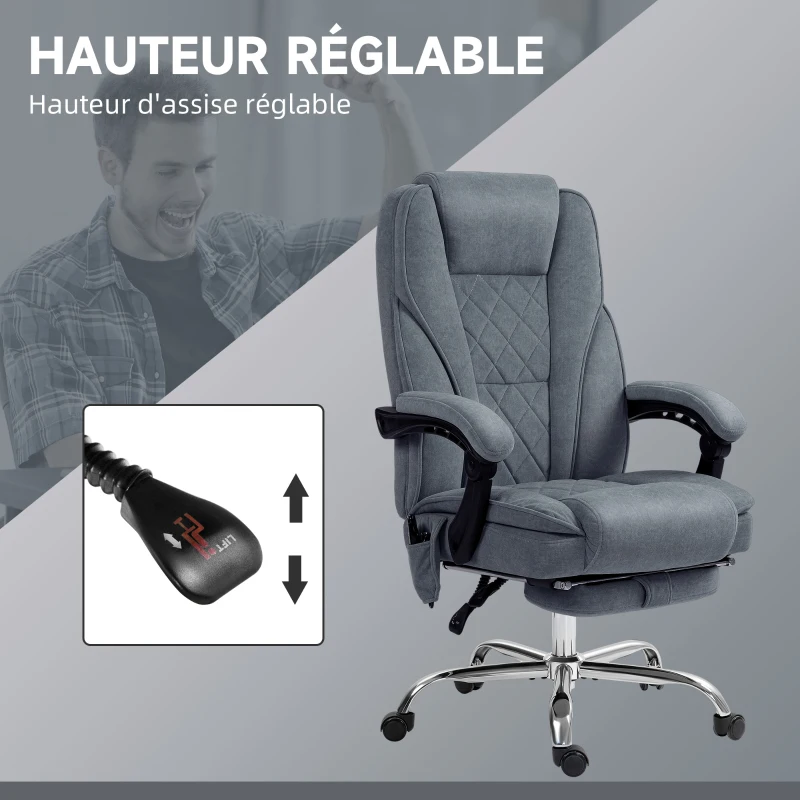 Vinsetto Fauteuil de bureau massant et chauffant hauteur réglable dossier inclinable télécommande repose-pieds rétractable gris