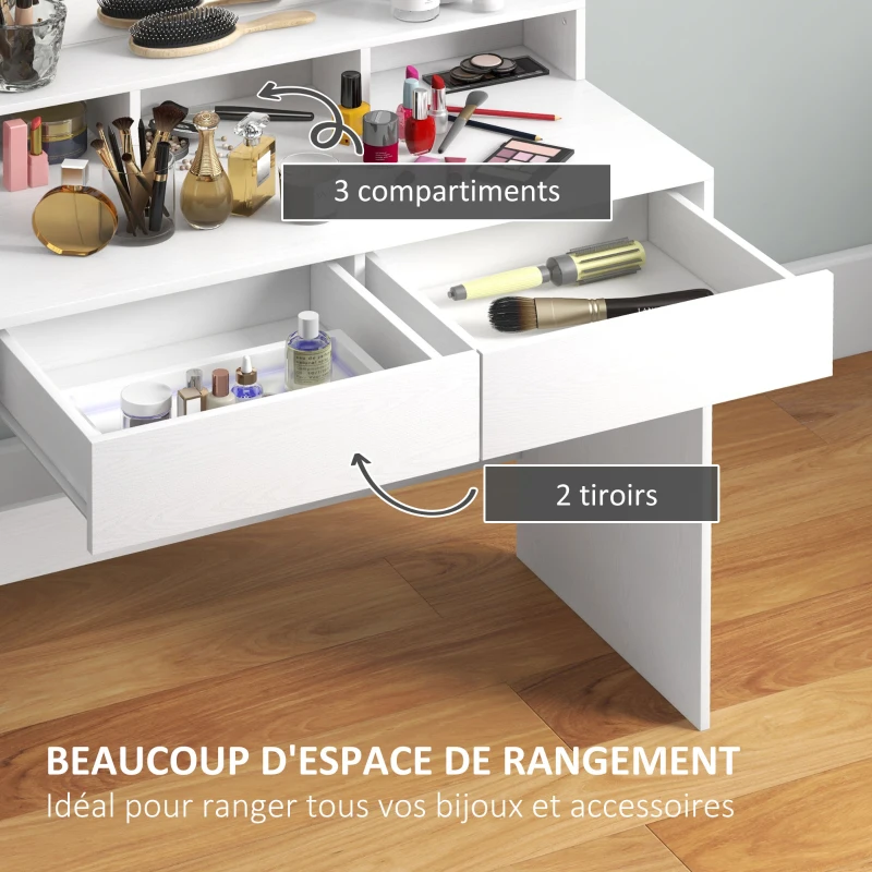 HOMCOM Coiffeuse avec miroir Hollywood, tiroirs, 3 modes d'éclairage, 10 ampoules, 80 x 40 x 135 cm, blanc