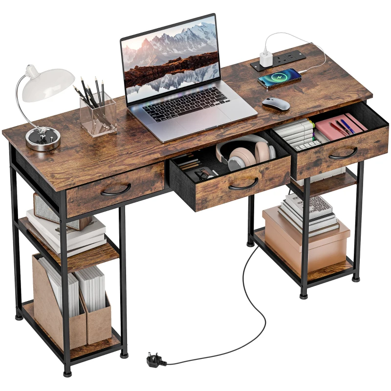 HOMCOM 120cm Computer Desk with Power Outlets, Office Desk Study Table with Fabric Drawers and Storage Shelves, Rustic Brown