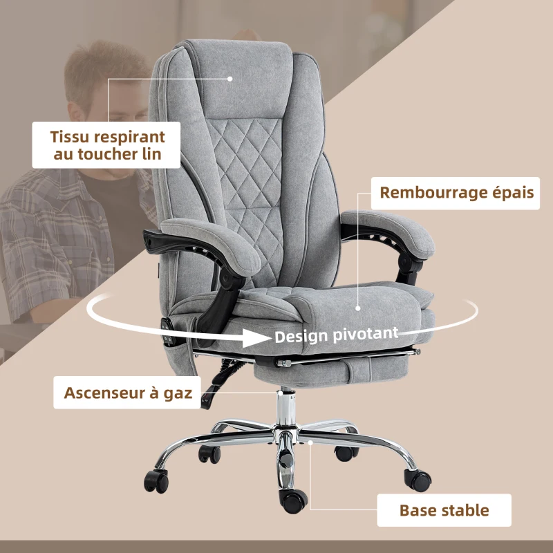 Vinsetto Fauteuil de bureau massant et chauffant hauteur réglable dossier inclinable télécommande repose-pieds rétractable gris