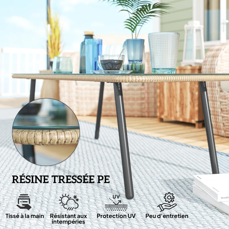 Outsunny Table basse de jardin avec plateau verre trempé 5 mm, table d'appoint pour extérieur, cadre en acier, effet bois naturel