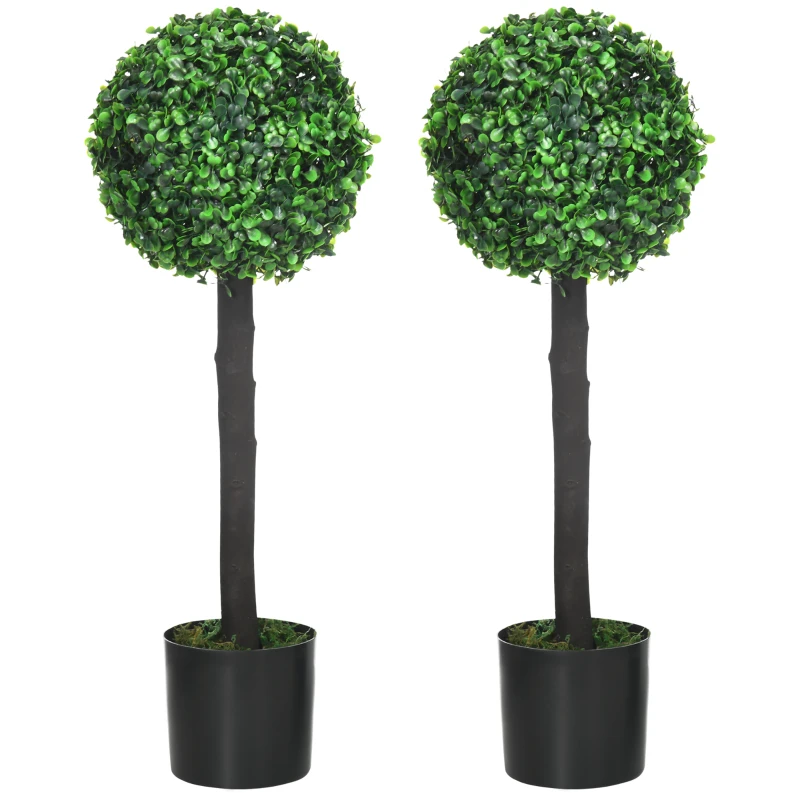 HOMCOM Lot de 2 plantes boules de buis artificiel avec tronc et pot inclus - hauteur 60 cm