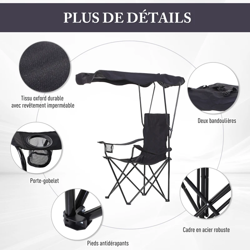HOMCOM Chaise de Camping Pliable Grand Confort Pare-Soleil + Porte-gobelets intégrés, possibilité d'être portée en Sac à Dos Noir