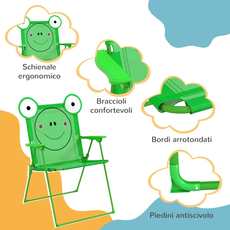Outsunny Set Tavolo da Giardino con 2 Sedie Pieghevoli, Tavolino con Sedie da Esterno con Ombrellone per Bambini in Metallo e Poliestere, Verde