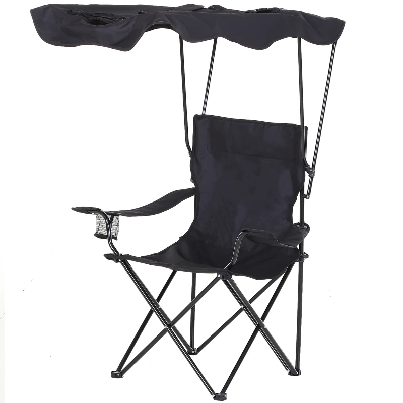 HOMCOM Chaise de Camping Pliable Grand Confort Pare-Soleil + Porte-gobelets intégrés, possibilité d'être portée en Sac à Dos Noir