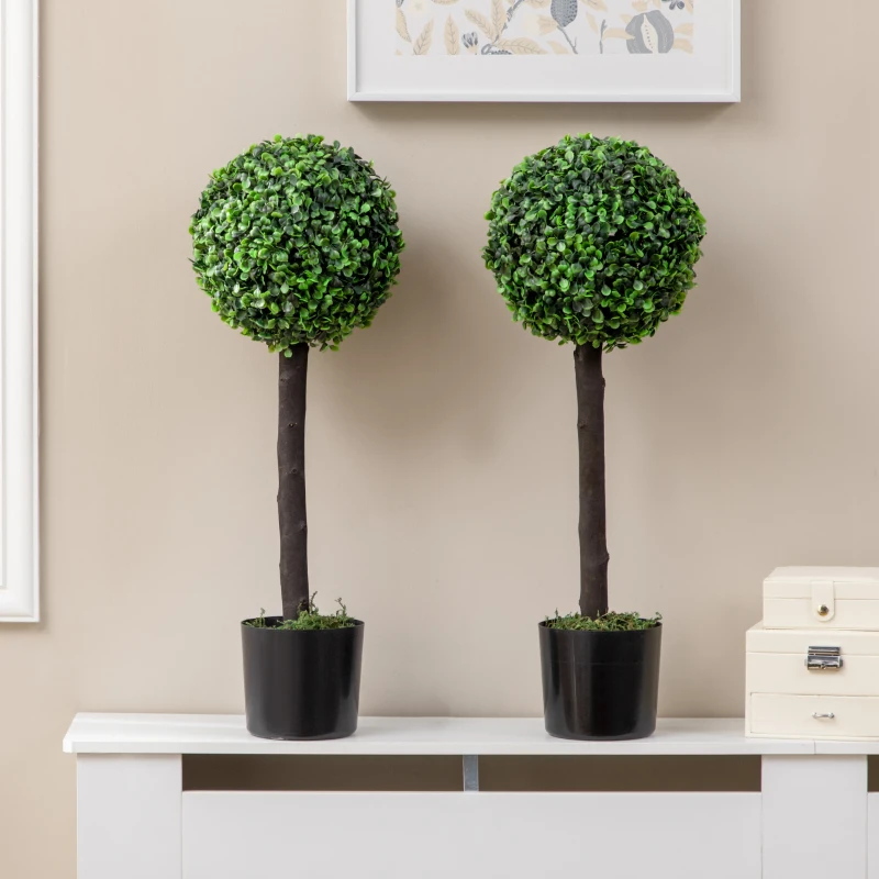 HOMCOM Set of 2 Artificial Plants Boxwood Ball Trees in Pot Fake Plants for Home Indoor Outdoor Decor, 20x20x60cm, Green