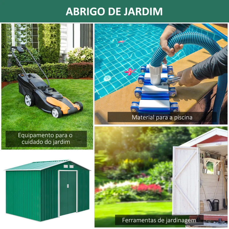 Outsunny Abrigo de Jardim Exterior 4,83m² 277x195x192cm Abrigo e Jardim Metálico para Armazenamento de Ferramentas com Base Incluída e 4 Janelas Verde Escuro