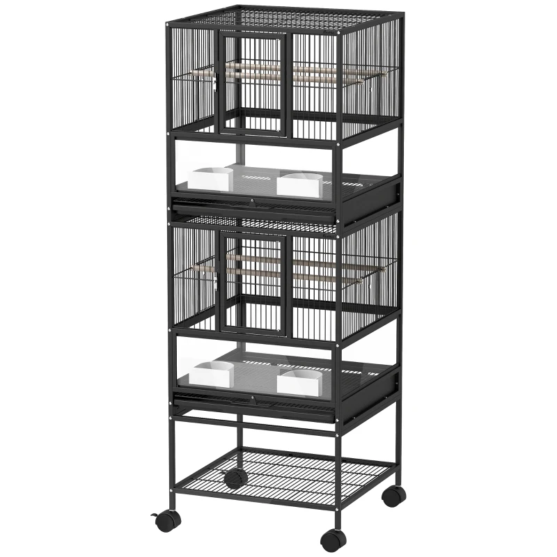 PawHut Gaiola para Pássaros de 2 Níveis com Rodas Painéis Acrílicos Comedouros Prateleira Bandejas Amovíveis  48x46x134,5 cm Preto