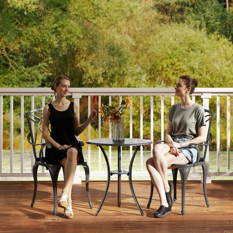 Outsunny 3 Pieces Garden Dining Set for 2, Cast Aluminium Outdoor Dining Set with 2 Armchairs and Round Dining Table with Parasol Hole, Garden Furniture Set, Brown