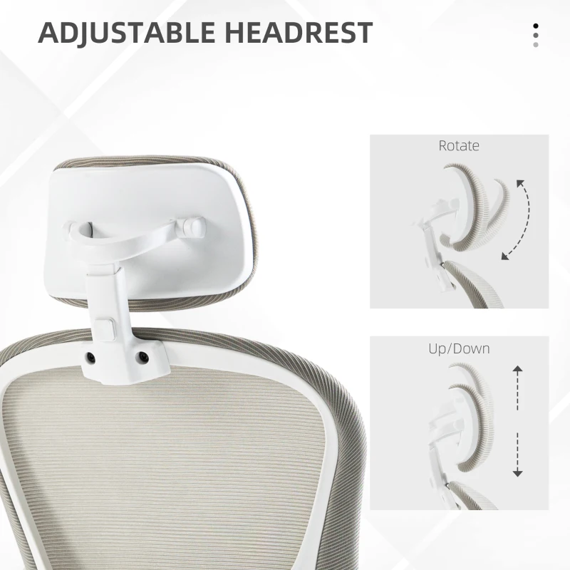 Vinsetto Bureaustoel met draaibare hoofdsteun, in hoogte verstelbaar, lendenkussen, ademende bekleding, tot 120kg, Grijs