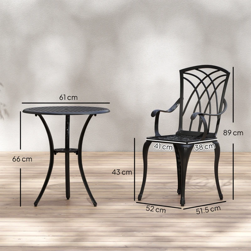 Outsunny 3 Pieces Garden Dining Set for 2, Cast Aluminium Outdoor Dining Set with 2 Armchairs and Round Dining Table with Parasol Hole, Garden Furniture Set, Brown