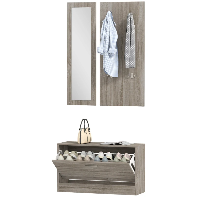 HOMCOM Set da Ingresso 3 Pezzi con Scarpiera, Appendiabiti e Specchio, in Legno e Vetro, color Legno e Bianco