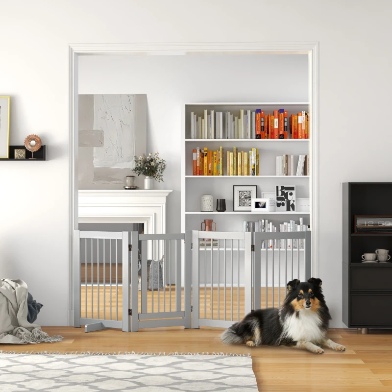 PawHut Wolnostojąca Bramka dla Psa, 4 Panele, Elastyczna, Drewno Sosnowe, 204Dł x 36S x 75W cm, Jasnoszary