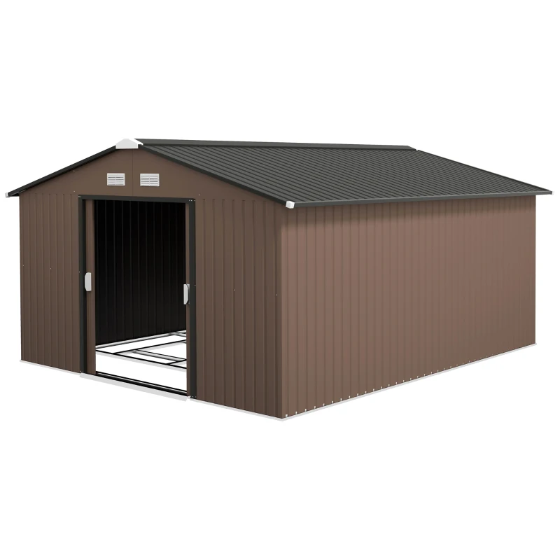 Outsunny Abrigo de Jardim Exterior para Armazenamento de Ferramentas com 4 Janelas 12,4 m² 340x386x200 cm Marrom
