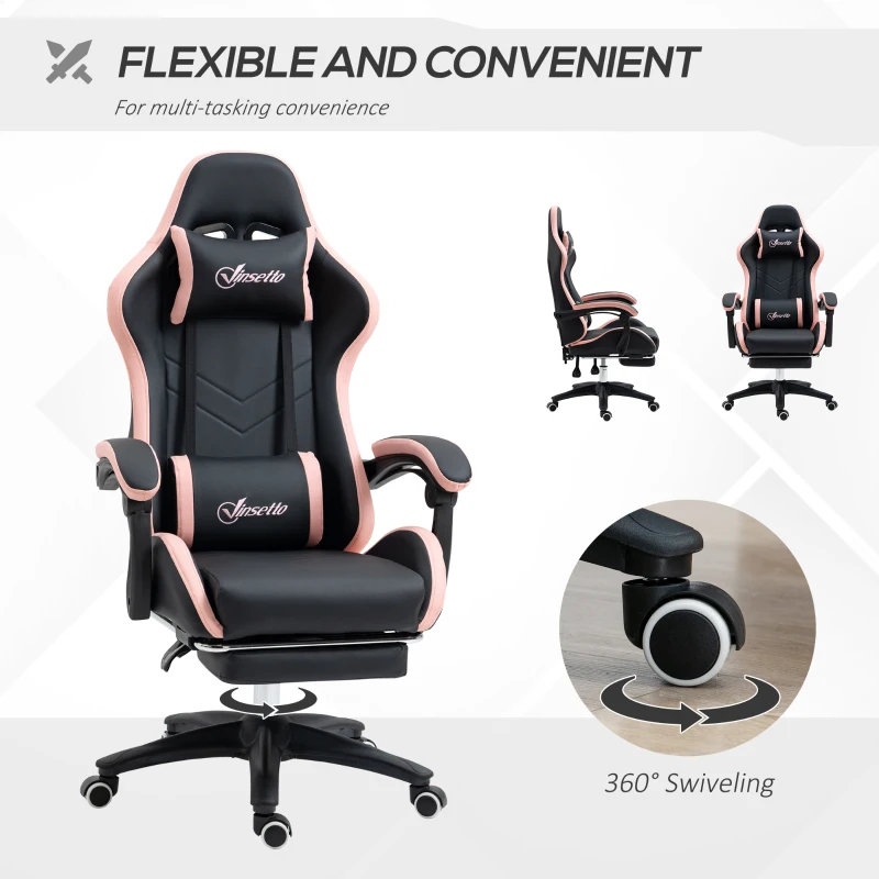 Vinsetto Computer Gaming Chair, PU Leather Desk Chair with Footrest, Swivel Task Chair with 135° Reclining Back and Lumbar Support, PC Chair for Adults, Black and Pink