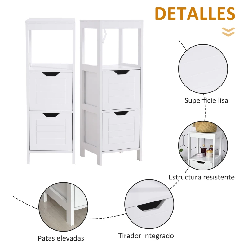 kleankin Armario de Baño Gabinete Multifuncional con Estante Abierto 2 Cajones de Almacenaje Diseño Antivuelco 30x30x89 cm Blanco