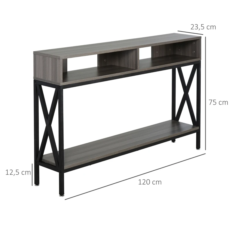 HOMCOM Mesa Consola Estilo Industrial Vintage con 3 Estantes y Marco Metálico para Entrada Pasillo 120x23,5x75 cm Gris y Negro