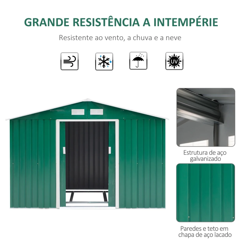 Outsunny Abrigo de Jardim Exterior 4,83m² 277x195x192cm Abrigo e Jardim Metálico para Armazenamento de Ferramentas com Base Incluída e 4 Janelas Verde Escuro