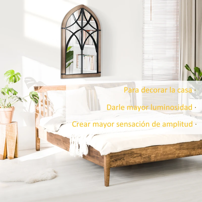 HOMCOM Espejo Decorativo de Pared de Madera 93x60 cm Espejo de Ventana con 2 Ganchos Estilo Vintage para Salón Dormitorio Comedor Entrada Marrón