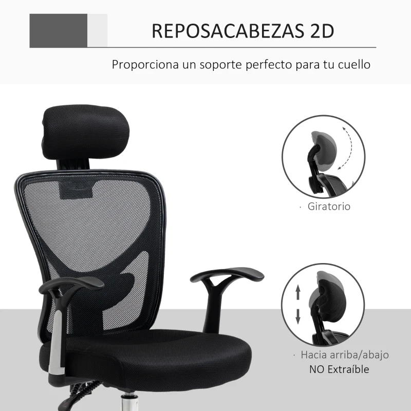 Vinsetto Silla de Escritorio Giratoria Silla de Oficina con Altura Ajustable Respaldo Reclinable Reposacabezas Regulable y Soporte Lumbar Tapizado en Malla Transpirable Negro