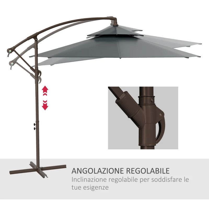 Outsunny Ombrellone a Braccio 2.7x2.7 m con Tettuccio Regolabile a 2 Livelli e Base a Croce, Grigio