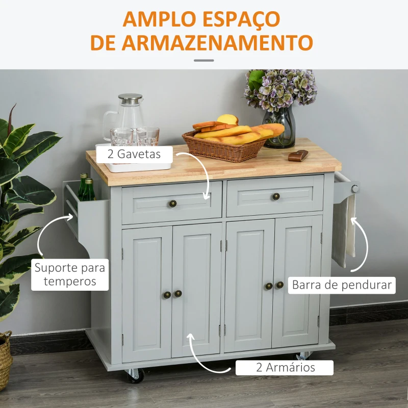 HOMCOM Ilha de Cozinha com Rodas 2 Gavetas 4 Portas Suporte para Temperos e Barra Lateral 111x44,5x82,5 cm Cinzento e Madeira