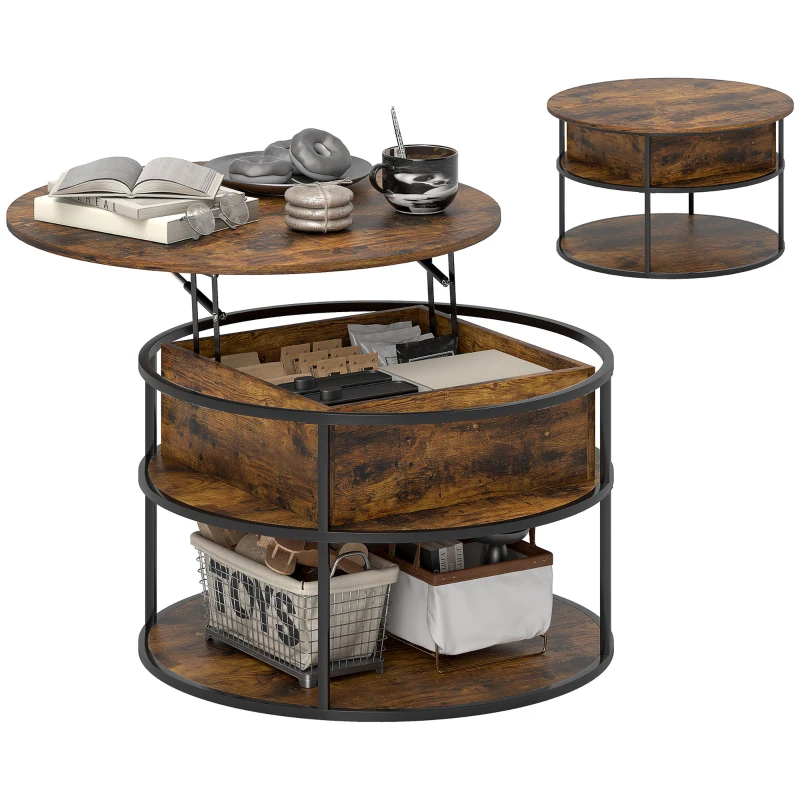 HOMCOM Ronde Koffietafel met Ophefbaar Tafelblad, Opbergruimte, Zijvakken, Stalen Frame, Salontafel, Bruin(m-11)