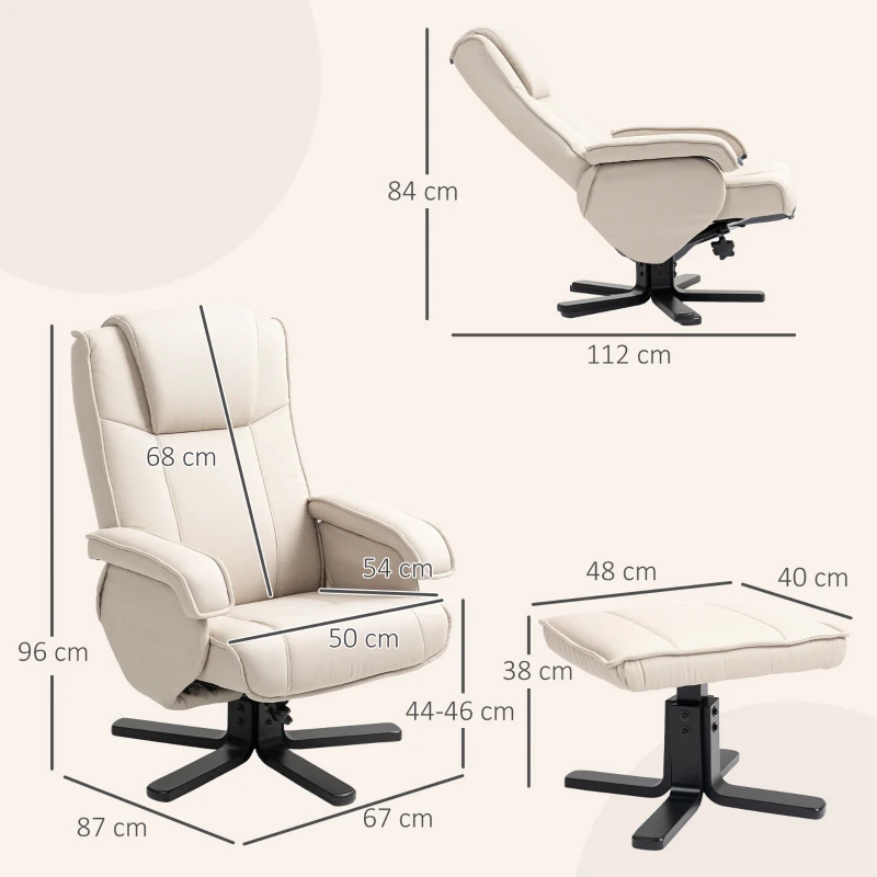 HOMCOM Poltrona Relax Reclinável com Apoio para os Pés Poltrona Giratória Estofada em Linho e Função Baloiço 67x87x96 cm Bege
