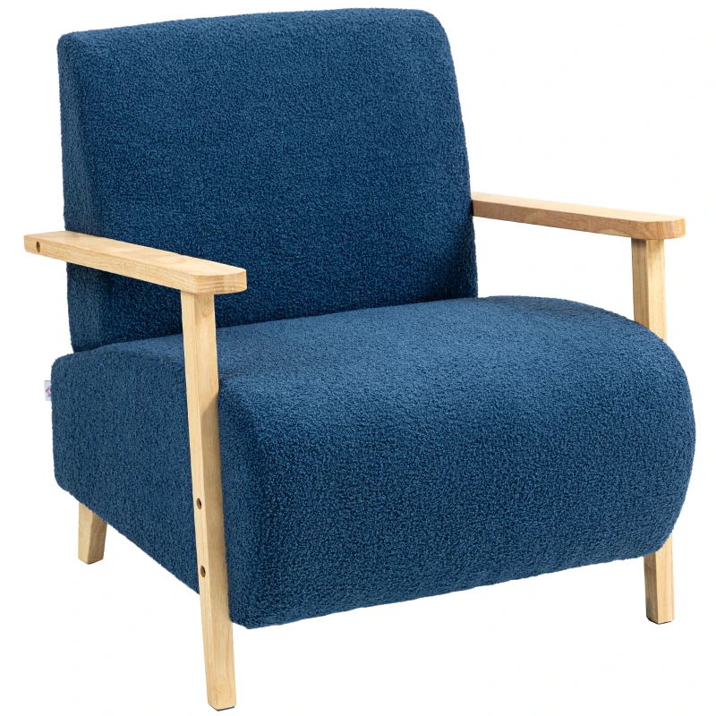 HOMCOM Poltrona Nórdica Poltrona Sala de Estar Estofada em Borrego com Apoio para os Braços de Madeira  74,5x76x78 cm Azul