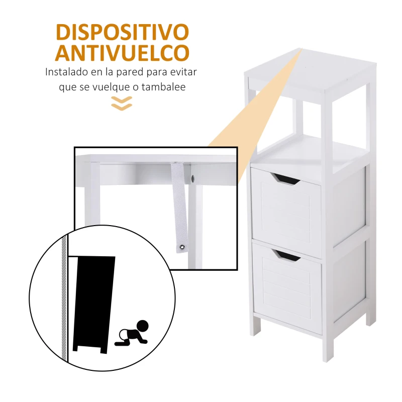 kleankin Armario de Baño Gabinete Multifuncional con Estante Abierto 2 Cajones de Almacenaje Diseño Antivuelco 30x30x89 cm Blanco