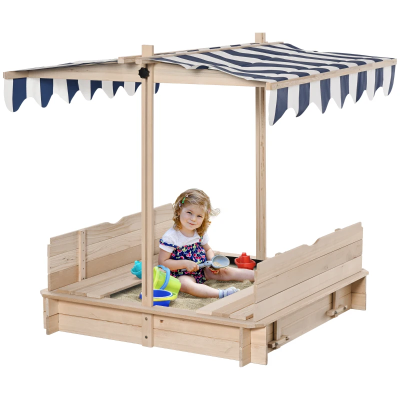 Outsunny Arenero Infantil con Toldo Ajustable en Altura 2 Bancos y Respaldos Desmontables para Patio 106x106x115 cm Natural