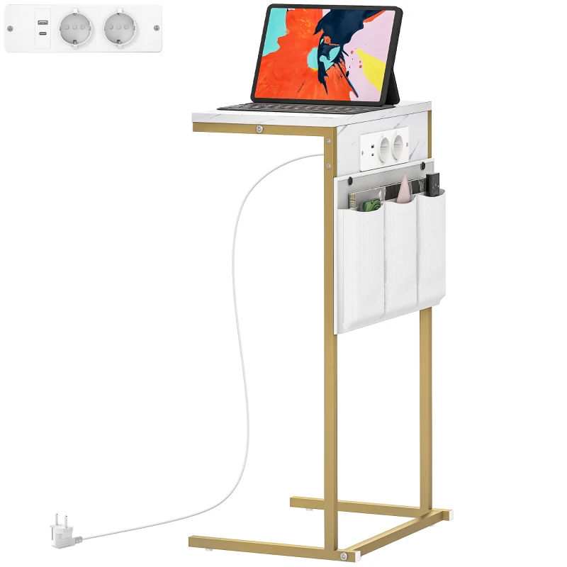 HOMCOM Mesa Auxiliar com Estação de Carga Mesa Lateral com 2 Entradas USB 1 Entrada USB-C e Bolsa Organizadora 25,5x40x71 cm Branco