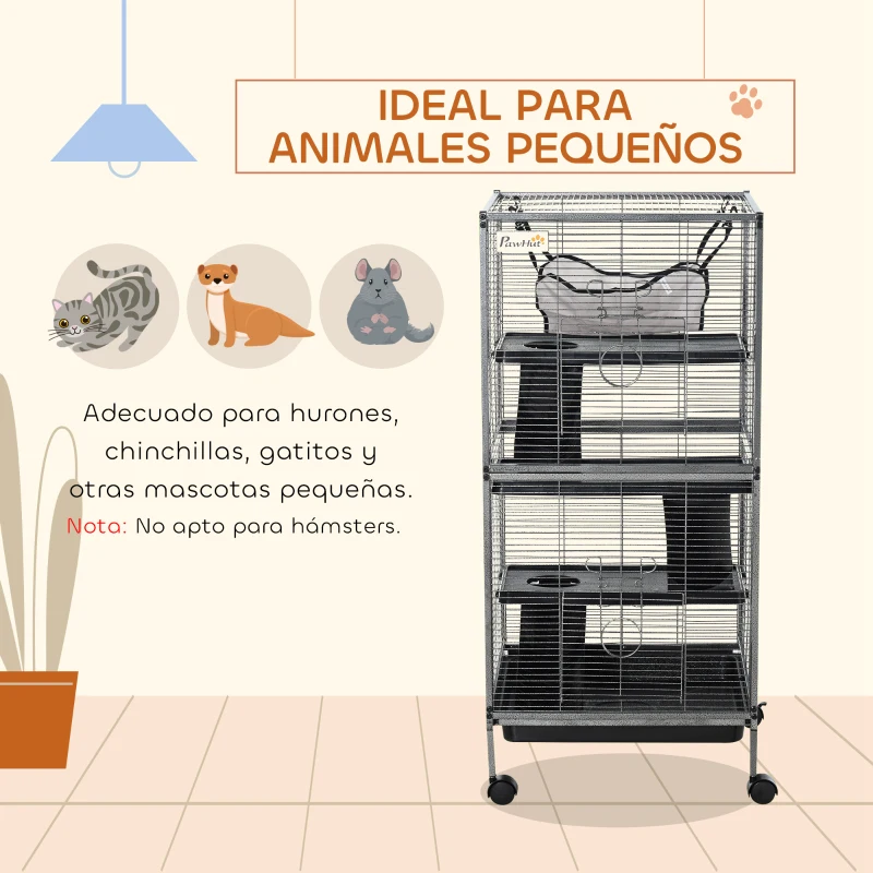 PawHut Parque para Mascotas con Ruedas 2 Puertas 3 Rampas Hamaca Colgante y Bandeja Extraíble para Cobayas 52x52x113,5cm Gris