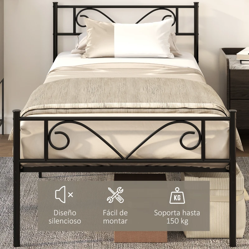 HOMCOM Marco de Cama Individual de Metal 31 cm para Colchón 90x190 cm con Cabecera Forma de Mariposa Estructura de Cama con Espacio Bajo de Almacenamiento 95x196x100 cm Negro
