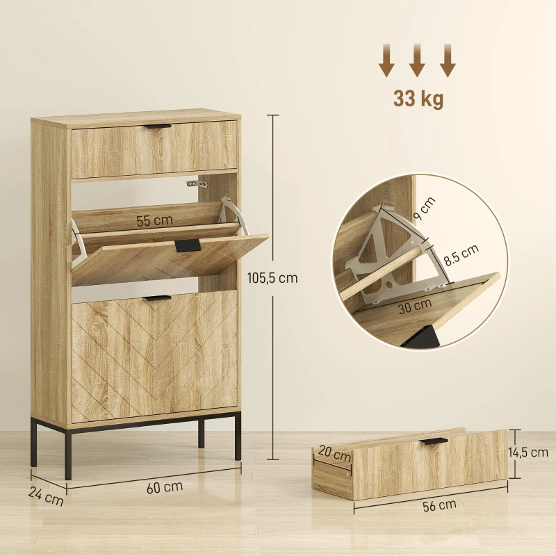 HOMCOM Sapateira Estreita com 2 Portas Gaveta e Prateleiras Ajustáveis para 8 Pares de Sapatos 60x24x105,5 cm Madeira