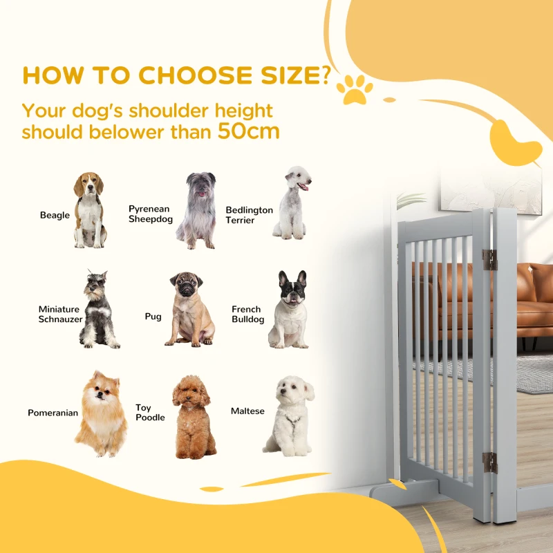 PawHut Wolnostojąca Bramka dla Psa, 4 Panele, Elastyczna, Drewno Sosnowe, 204Dł x 36S x 75W cm, Jasnoszary