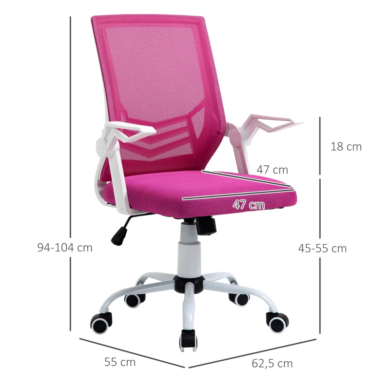 Vinsetto Silla de Oficina Ergonómica Silla Escritorio Giratoria con Altura Ajustable Reposabrazos Abatible Soporte Lumbar Transpirable para Adolescentes Adultos 62,5x55x94-104 cm Rosa