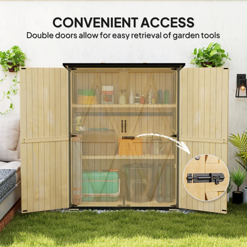 Outsunny Szafka Ogrodowa z Drewna i Stali, Zewnętrzna Szafka na Narzędzia z Dachem Asfaltowym, 2 Regały, Drzwi z Zamkiem, Naturalne Drewno