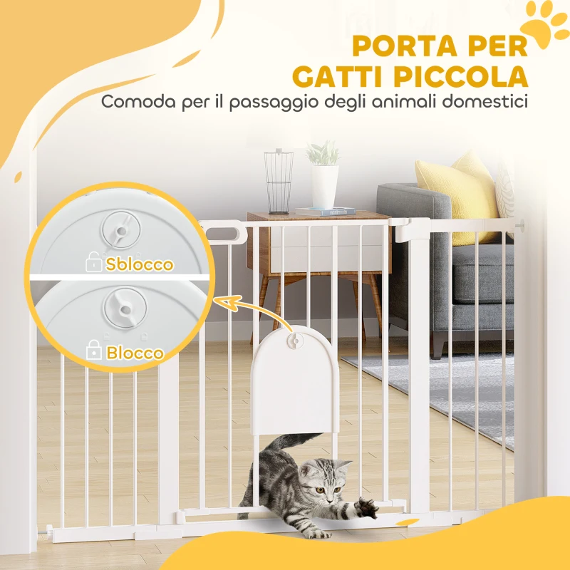 PawHut Cancelletto per Cani Estensibile con Porta a Chiusura Automatica, in Metallo e ABS, 75-131x76 cm, Bianco