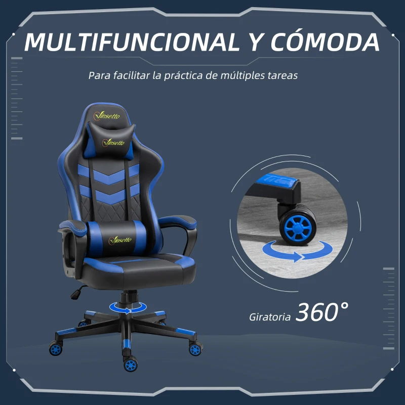 Vinsetto Silla Gaming Altura Regulable Basculante con Reposacabezas Cojín Lumbar 61x70x121-129 cm Azul