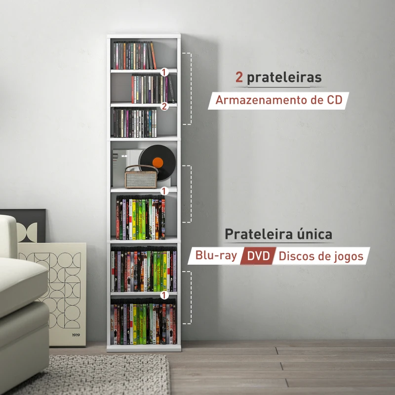 HOMCOM Estante para CDs e DVDs Suportes para CD Estreitos com 9 Compartimentos Prateleiras Ajustáveis 33x24x140 cm Branco
