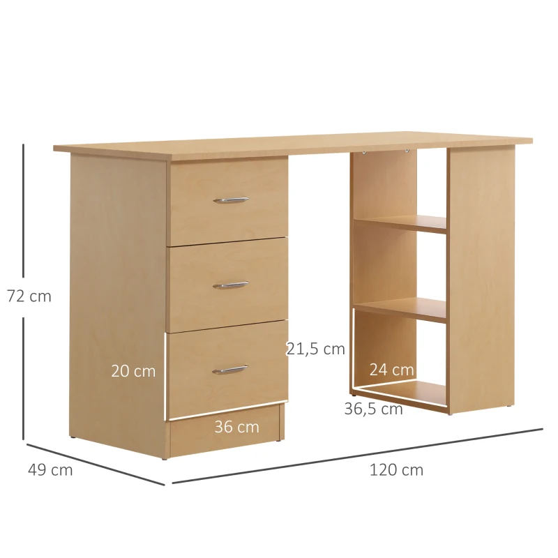 HOMCOM Mesa de Ordenador Escritorio para Hogar Oficina 3 Cajones 3 Estantes Mobiliario de Oficina 120x49x72cm Madera Natural