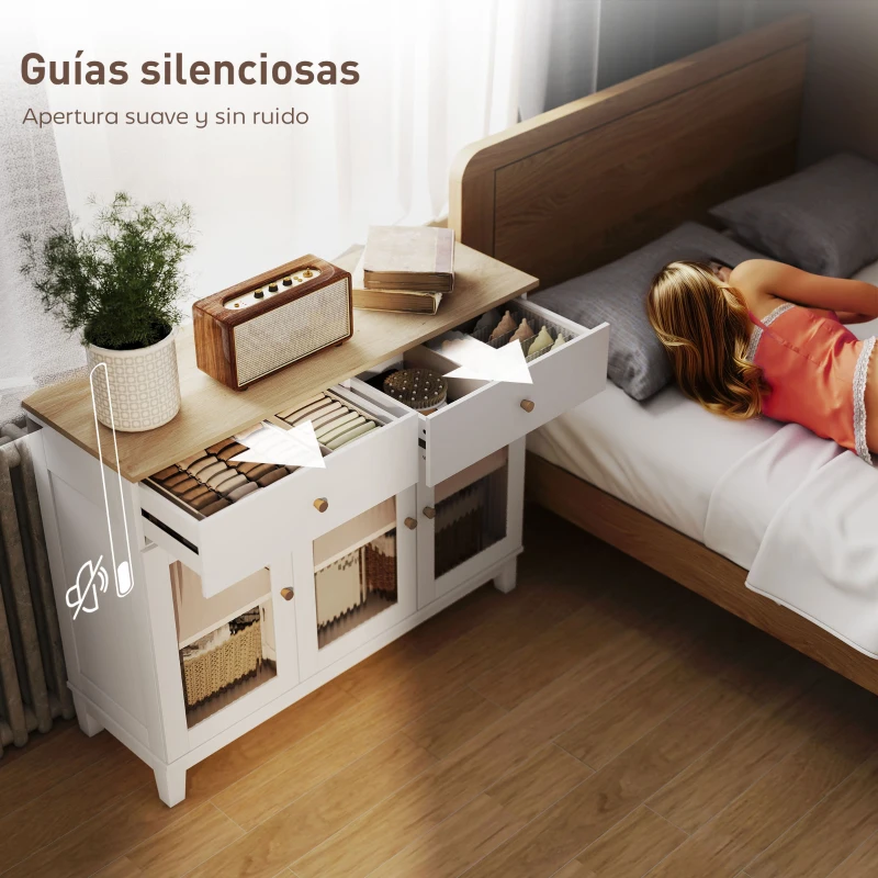 HOMCOM Aparador para Salón Moderno con 3 Puertas de Vidrio Estriado 2 Cajones y Estantes Ajustables 100x35x80,3 cm Blanco